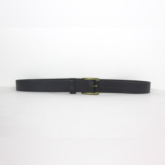 Unisex Black Leather Belt, Size Medium Large Brass and Leather Buckle Dress Belt - Picture 5 of 7
